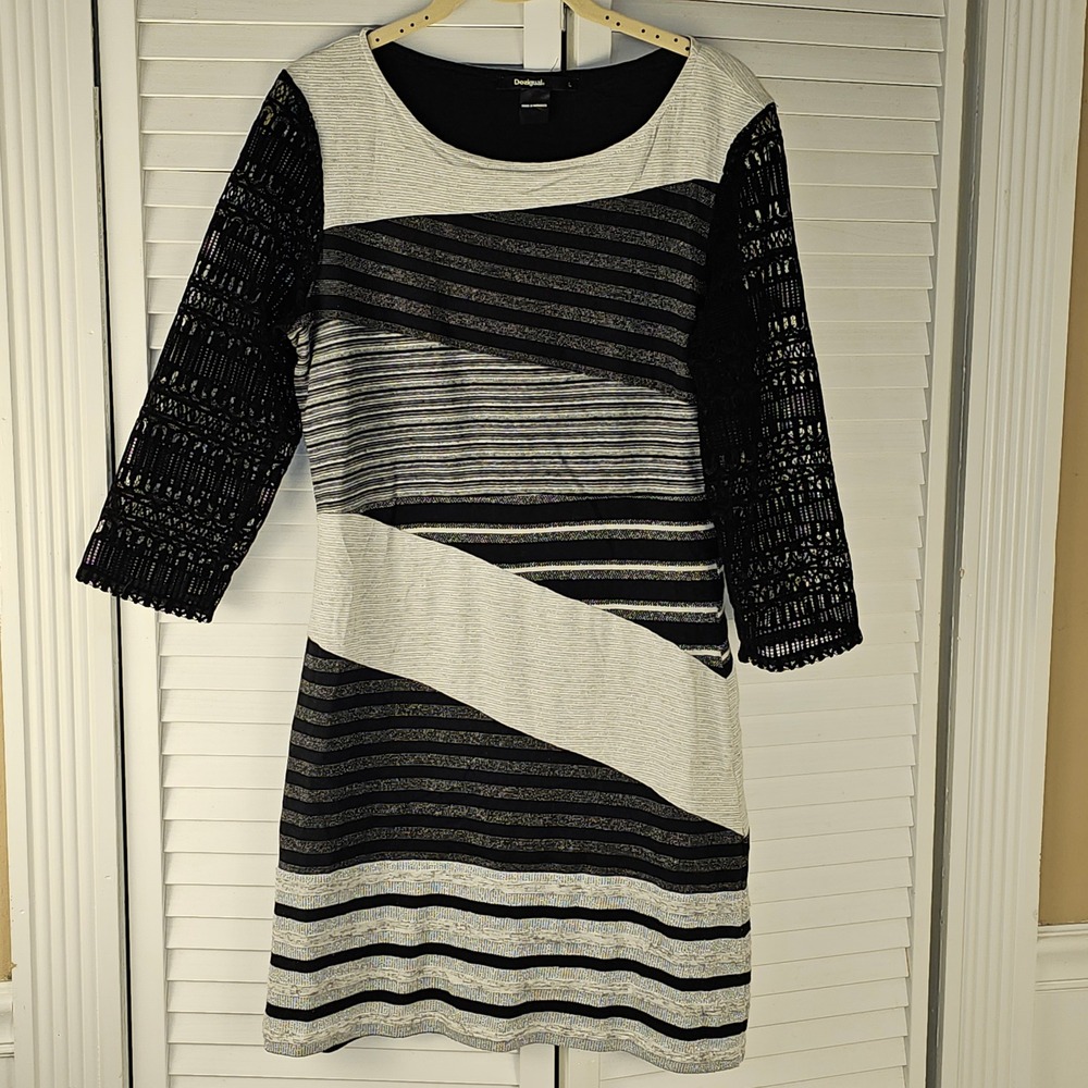Desigual Irlanda Black White Silver‎ Striped Crochet 3/4 Sleeve Dress Large